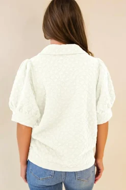 Clearance Dear-Lover Textured Puff Half Sleeve Collared V Neck Top White