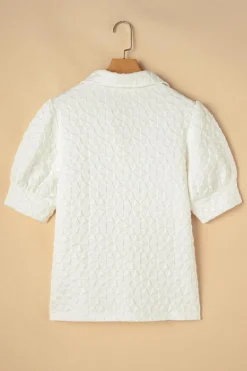 Clearance Dear-Lover Textured Puff Half Sleeve Collared V Neck Top White