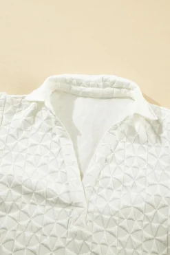 Clearance Dear-Lover Textured Puff Half Sleeve Collared V Neck Top White