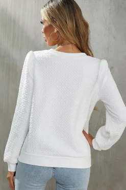 New Dear-Lover Textured Puff Long Sleeve Round Neck Top White