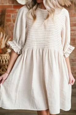Sale Dear-Lover Textured Ruffled Puff Sleeve Loose Dress White