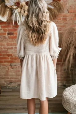 Sale Dear-Lover Textured Ruffled Puff Sleeve Loose Dress White