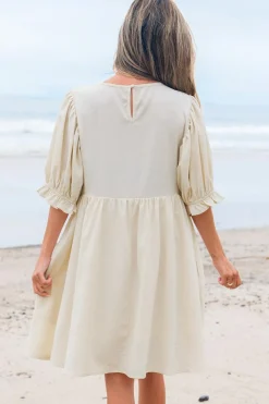 Sale Dear-Lover Textured Ruffled Puff Sleeve Loose Dress White