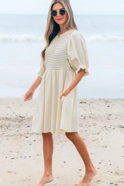 Sale Dear-Lover Textured Ruffled Puff Sleeve Loose Dress White