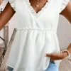 Clearance Dear-Lover Textured Ruffled Trim V Neck Flutter Flowy Top White