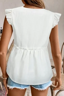Clearance Dear-Lover Textured Ruffled Trim V Neck Flutter Flowy Top White
