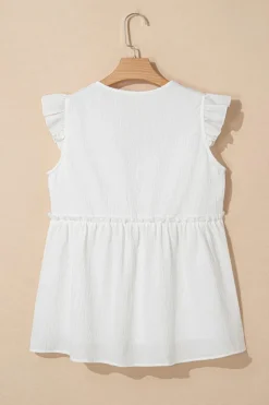 Clearance Dear-Lover Textured Ruffled Trim V Neck Flutter Flowy Top White