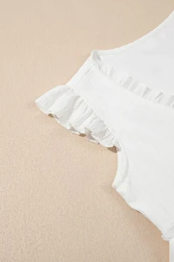 Clearance Dear-Lover Textured Ruffled Trim V Neck Flutter Flowy Top White