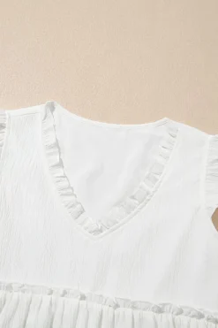 Clearance Dear-Lover Textured Ruffled Trim V Neck Flutter Flowy Top White