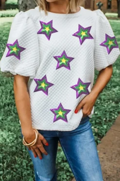 Online Dear-Lover Textured Sequin Mardi Gras Star Graphic Puff Sleeve Blouse White