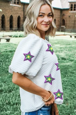 Online Dear-Lover Textured Sequin Mardi Gras Star Graphic Puff Sleeve Blouse White