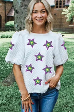 Online Dear-Lover Textured Sequin Mardi Gras Star Graphic Puff Sleeve Blouse White