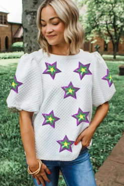 Online Dear-Lover Textured Sequin Mardi Gras Star Graphic Puff Sleeve Blouse White