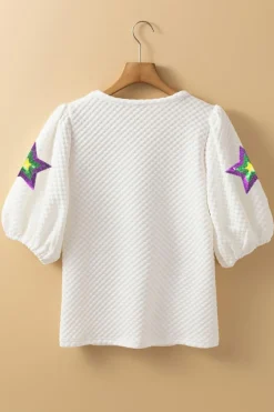 Online Dear-Lover Textured Sequin Mardi Gras Star Graphic Puff Sleeve Blouse White