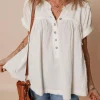 Online Dear-Lover Textured Short Sleeve Buttons Frayed Blouse White