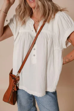 Online Dear-Lover Textured Short Sleeve Buttons Frayed Blouse White