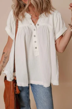Online Dear-Lover Textured Short Sleeve Buttons Frayed Blouse White