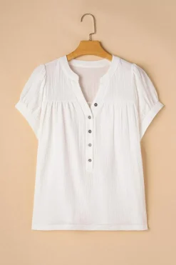 Online Dear-Lover Textured Short Sleeve Buttons Frayed Blouse White