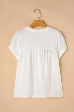 Online Dear-Lover Textured Short Sleeve Buttons Frayed Blouse White
