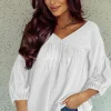 Online Dear-Lover Textured V Neck Bracelet Sleeve Babydoll Blouse White