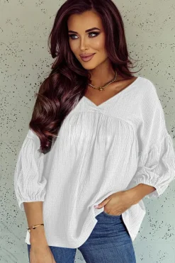 Online Dear-Lover Textured V Neck Bracelet Sleeve Babydoll Blouse White
