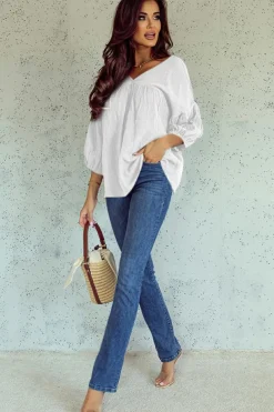 Online Dear-Lover Textured V Neck Bracelet Sleeve Babydoll Blouse White