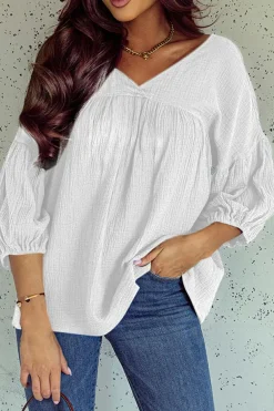Online Dear-Lover Textured V Neck Bracelet Sleeve Babydoll Blouse White