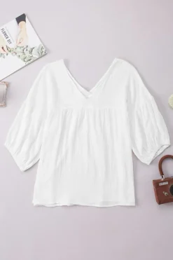 Online Dear-Lover Textured V Neck Bracelet Sleeve Babydoll Blouse White