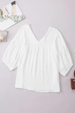 Online Dear-Lover Textured V Neck Bracelet Sleeve Babydoll Blouse White
