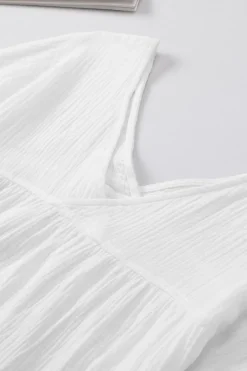Online Dear-Lover Textured V Neck Bracelet Sleeve Babydoll Blouse White