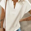 Hot Dear-Lover Textured V Neck Collared Short Sleeve Top White