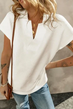 Hot Dear-Lover Textured V Neck Collared Short Sleeve Top White