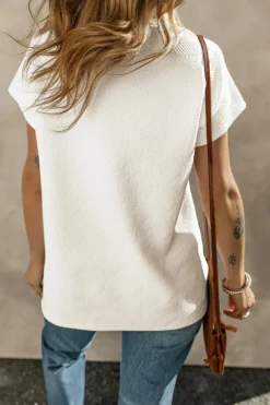Hot Dear-Lover Textured V Neck Collared Short Sleeve Top White