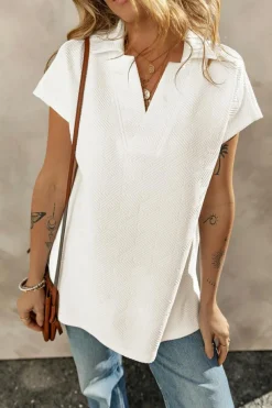 Hot Dear-Lover Textured V Neck Collared Short Sleeve Top White