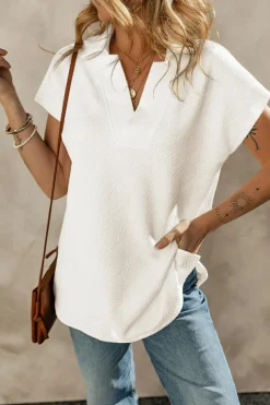 Hot Dear-Lover Textured V Neck Collared Short Sleeve Top White