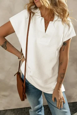 Hot Dear-Lover Textured V Neck Collared Short Sleeve Top White