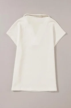Hot Dear-Lover Textured V Neck Collared Short Sleeve Top White