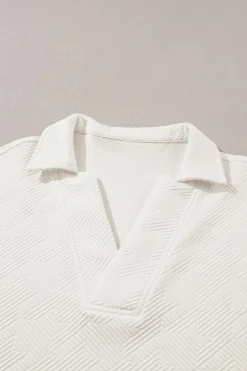 Hot Dear-Lover Textured V Neck Collared Short Sleeve Top White