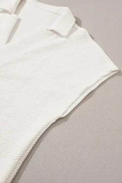 Hot Dear-Lover Textured V Neck Collared Short Sleeve Top White