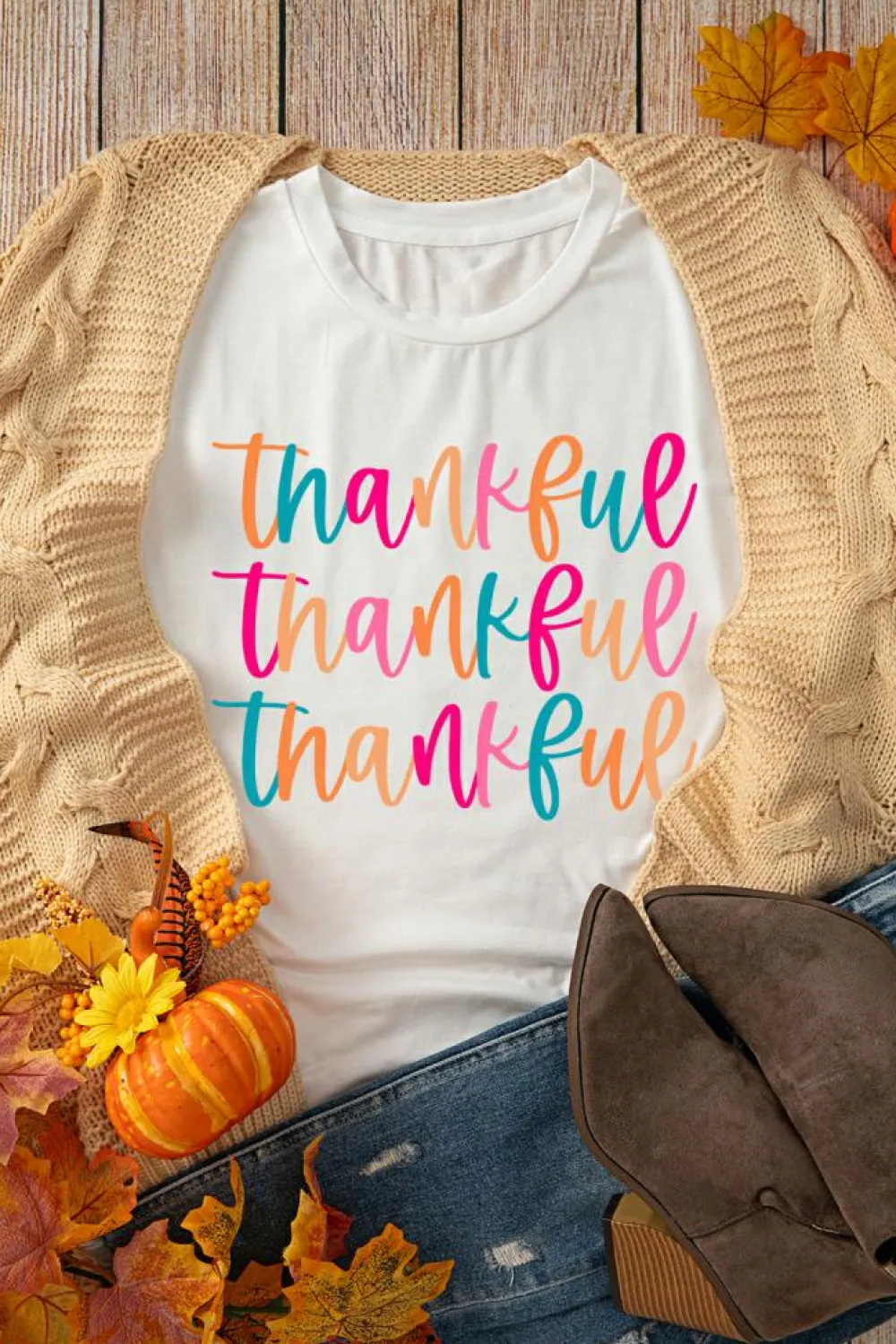 Clearance Dear-Lover Thankful Printed Crewneck Thanksgiving T Shirt White