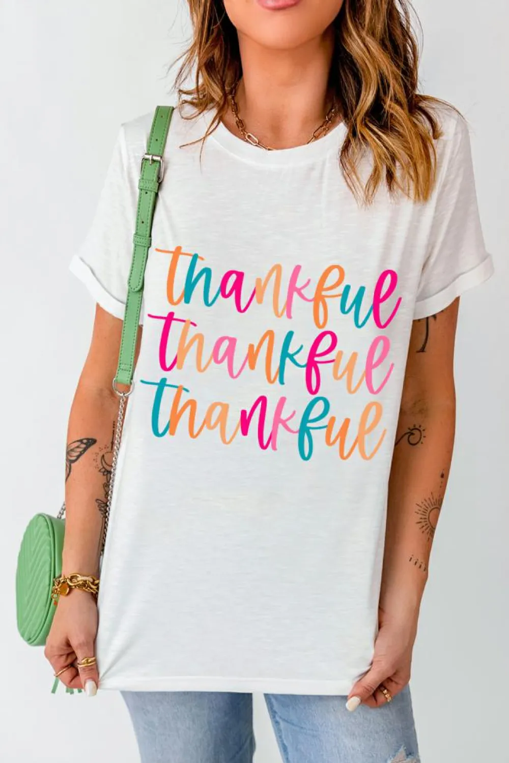 Clearance Dear-Lover Thankful Printed Crewneck Thanksgiving T Shirt White