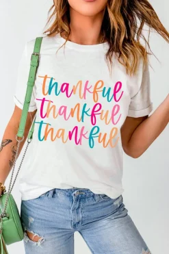 Clearance Dear-Lover Thankful Printed Crewneck Thanksgiving T Shirt White