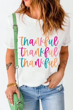 Clearance Dear-Lover Thankful Printed Crewneck Thanksgiving T Shirt White