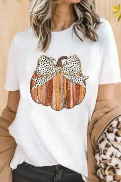 Clearance Dear-Lover Thanksgiving Bow Knot Pumpkin Print Round Neck T Shirt White
