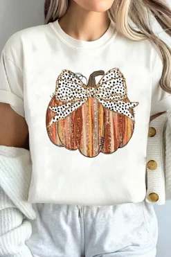 Clearance Dear-Lover Thanksgiving Bow Knot Pumpkin Print Round Neck T Shirt White