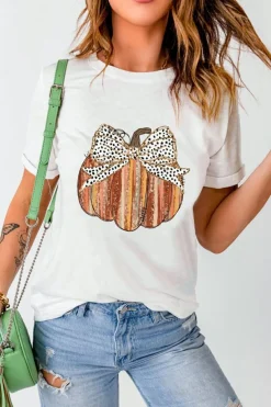 Clearance Dear-Lover Thanksgiving Bow Knot Pumpkin Print Round Neck T Shirt White