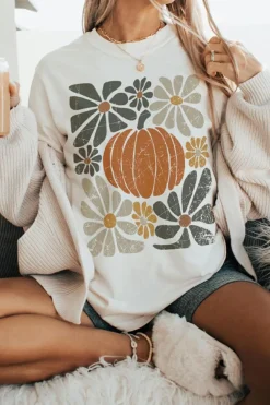 Online Dear-Lover Thanksgiving Pumpkin Print Loose Crewneck Tunic T Shirt White