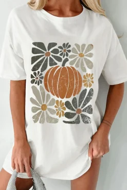 Online Dear-Lover Thanksgiving Pumpkin Print Loose Crewneck Tunic T Shirt White