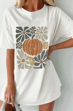 Online Dear-Lover Thanksgiving Pumpkin Print Loose Crewneck Tunic T Shirt White
