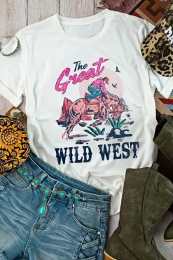 Fashion Dear-Lover The Great WILD WEST Rodeo Graphic Crew Neck T Shirt White